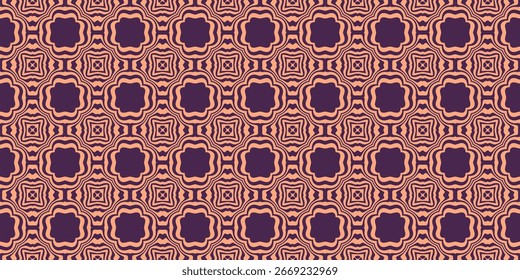 Um padrão de fundo repetitivo contínuo e simétrico com quatrefoil ornamental e formas de medalhão com linhas onduladas hipnóticas em uma paleta de cores pêssego e roxo vintage.