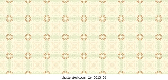 A seamless, symmetrical tile pattern in soft mint and cream tones, featuring ornate floral medallions with delicate filigree accents.