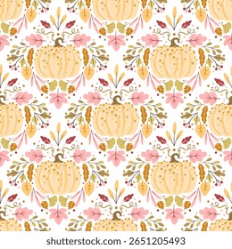 Seamless symmetrical vector pattern with pastel pumpkins, autumn leaves, and berries. Soft seasonal design for Thanksgiving textiles, stationery, wrapping, and preppy fall decor. Rhombus composition