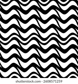 Seamless symmetrical wave stripe pattern in black and white. Vector design ideal for modern packaging, textile prints, futuristic graphics, and clean layouts.
