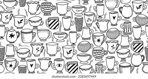 Seamless tableware - mugs, glasses, goblets, goblets. Doodle style template. Seamless pattern for tea and coffee packaging, coffee shop design, scrapbooking, apron print and barista clothes.