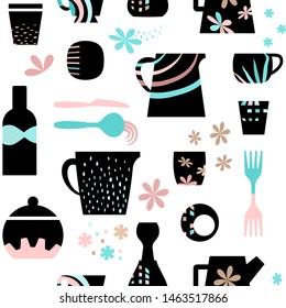 Seamless tableware silhouette pattern in Scandinavian style, transparent background. Easy to edit colors in Illustrator (eps 10 vector).