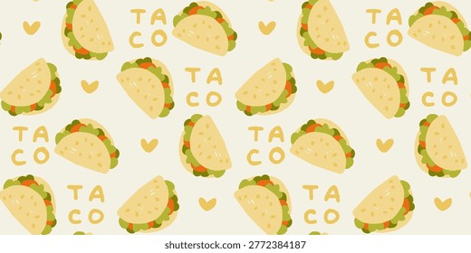 Seamless Taco Pattern with Hand-Drawn Illustrations and 'TACO' Text on Light Background, Cartoon Style Food Repeat for Textile and Paper