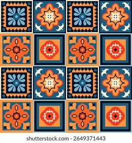 Seamless talavera pattern repeating orange and blue floral motifs on ceramic tiles, celebrating mexican and spanish heritage