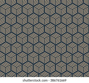 Seamless tan blue and brown hexagons with stripes pattern vector
