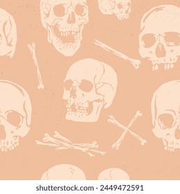 Seamless tan pink grunge skulls and bones pattern vector
