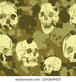 Patrón de camuflaje de Vector grunge de arena bronceada transparente con cráneos humanos incorporados