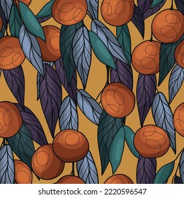 Seamless tangerine pattern. Tangerines on a branch. Vitamins.  Delicious fruits for New Year and Christmas. Botanical, vector illustration. Healthy food. Citrus.