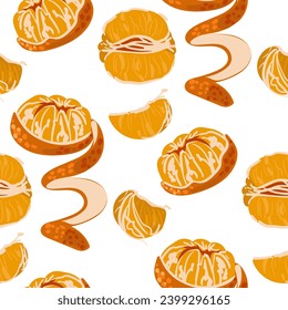 Seamless tangerine pattern with zest. Vector fruit ornament. Citrus texture, slices, peel, zest. Mandarin in different versions,. Vector design of mandarin for printing, textiles, paper, ornament