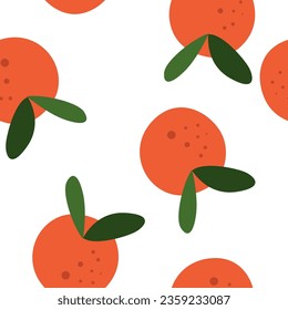Seamless Tangerines and Leaves Pattern on White Background. Modern Vector Repeated Background with Citrus in Flat Style. 