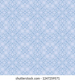 Seamless tangled pattern from blue geometrical abstract lines on a light background. Vector illustration. Suitable for fabric, wallpaper, wrapping paper