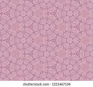 Seamless tangled pattern from geometrical abstract lines on a pink background. Vector illustration. Suitable for fabric, wallpaper, wrapping paper