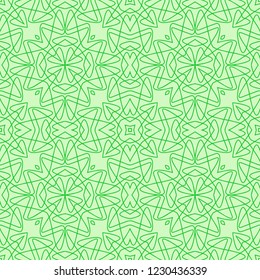 Seamless tangled pattern from green geometrical abstract lines on a light mint background. Vector illustration. Suitable for fabric, wallpaper, wrapping paper