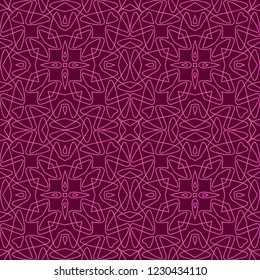 Seamless tangled pattern from pink geometrical abstract lines on a dark purple background. Vector illustration. Suitable for fabric, wallpaper, wrapping paper