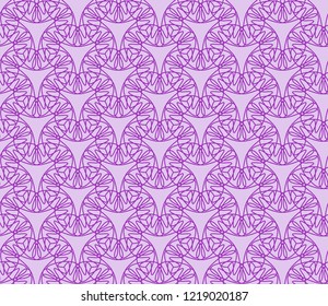 Seamless tangled pattern from purple geometrical abstract lines on a light lilac background. Vector illustration. Suitable for fabric, wallpaper or wrapping paper