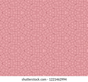 Seamless tangled pattern from purple geometrical abstract lines on a pink background. Vector illustration. Suitable for fabric, wallpaper, wrapping paper