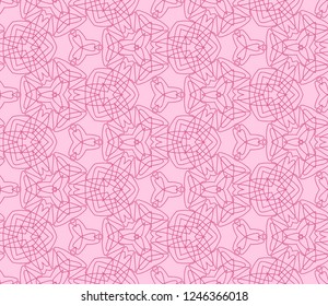 Seamless tangled pattern from purple geometrical abstract lines on a pink background. Vector illustration. Suitable for fabric, wallpaper, wrapping paper