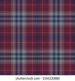 Seamless tartan check plaid pattern background. Striped dark plaid graphic in navy blue, bordo red, and grey for menswear flannel shirt, upholstery, or other autumn or winter textile print.