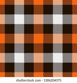 Seamless tartan check plaid pixel pattern in orange, brown, and light gray for autumn flannel shirt or coat designs.
