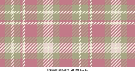 A seamless tartan design in beige, light pink, and olive green, featuring classic intersecting lines and squares.