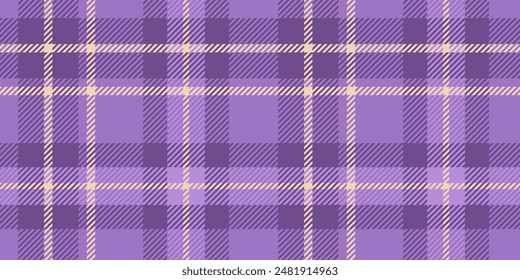 Seamless tartan motif in purple and lavender with light yellow details. The checkered design involves overlapping lines and squares, creating a classic and stylish textile appearance