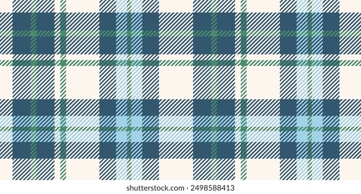 Un patrón de tartán sin costuras en azul, verde y blanco, con líneas entrecruzadas y cuadrados que crean un aspecto textil clásico y elegante.