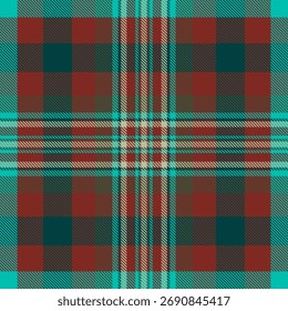 Seamless tartan pattern. Classic plaid print with red, teal and cream hues. Useful for textile design, backgrounds, and digital paper crafts.