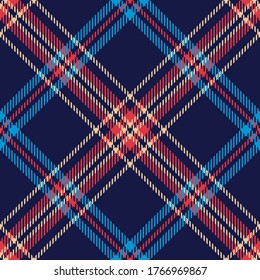 Seamless tartan pattern. Dark multicolored check plaid in blue, red, and beige for flannel shirt, skirt, bag, or other modern autumn winter textile design.