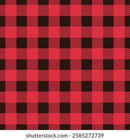 Seamless tartan pattern featuring a combination of red and black stripes. Classic Firebrick Red plaid with a traditional Scottish checkered design. Perfect for fabric textures and backgrounds. Vector 
