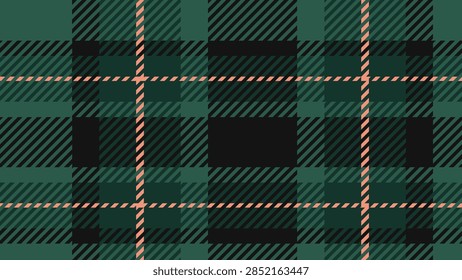 Seamless tartan pattern: mirrored sett of broad blocks, guard stripes and overcheck, identical in warp and weft. deep green salmon palette. Solid fills only, no transparency or gradients.