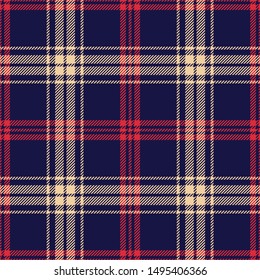 Seamless tartan pattern. Multicolored Scottish check plaid in dark blue, red, and beige for flannel shirt, bag, blanket, throw, or other modern textile design.