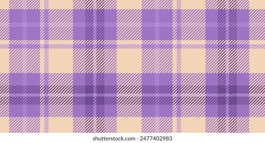 Seamless tartan pattern in purple and lavender tones with soft yellow details. The plaid design features intersecting lines and squares, creating a classic and fashionable textile look