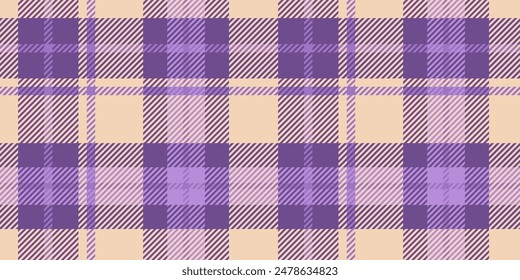 Patrón escocés sin costuras en colores púrpura y lavanda con toques de amarillo claro. El diseño a cuadros implica líneas y cuadrados superpuestos, dando un aspecto de tela tradicional y elegante