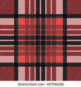 Seamless tartan pattern. Repeated Plaid twill red, black and white palette. Diagonal texture background Vector illustration.