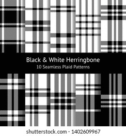 Seamless tartan pattern set. Herringbone check plaid in black and white for flannel shirt, scarf, poncho, blanket, or other modern fashion textile design. Pattern swatches included.