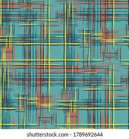 Patrón Tartán sin Maravilla. Rayas sin foco. Textura abstracta con franjas cruzadas. Imitación de impresión étnica de hierba de hierba. Patrón moderno con líneas coloridas.
