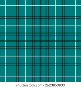Seamless tartan pattern in teal green with intersecting dark green, ivory, and black lines. Ideal for textiles, fashion projects, digital backgrounds, and gift wrap design.

