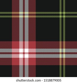Seamless tartan pattern vector texture. Herringbone check plaid background in nearly black, red, green, and white for flannel shirt, blanket, throw, duvet cover, or other modern textile design.
