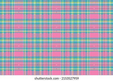 A seamless tartan plaid design. Green, brown,pink, and orange checkered fabric texture print. Wallpaper, packaging, fabrics, and textiles are used in the background of design and decorating.