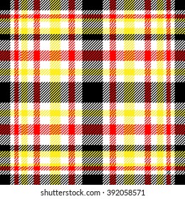 Seamless tartan plaid pattern, black, white, red and yellow twill. 
