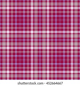 Seamless tartan plaid pattern in blue, pale creamy yellow & light brown stripes on magenta background. 