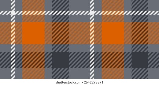 A seamless tartan plaid pattern in bold grey and orange tones with white accents. Perfect for textile design, fashion, home decor, and creative projects with a vibrant and modern aesthetic.