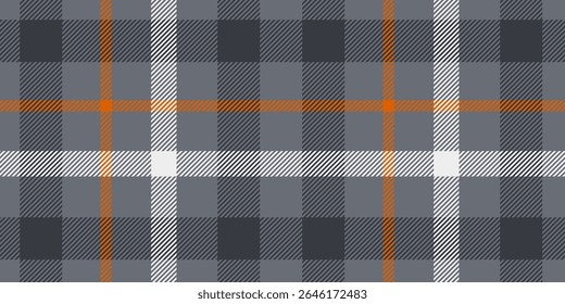 A seamless tartan plaid pattern in bold grey tones with striking orange and white accents, featuring a classic woven texture. 