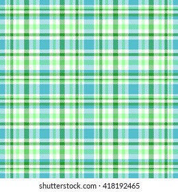 Seamless tartan plaid pattern in bright green, dark green, white and blue.