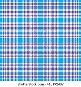 Seamless tartan plaid pattern in cerulean blue, dark blue, purple and white.