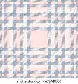 Seamless tartan plaid pattern. Checker fabric texture background. Vector design for digital textile printing. Color palette: bluish gray, white and pale reddish pink.