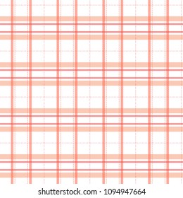 Seamless tartan plaid pattern. Checkered fabric texture print with orange/peach red color stripes on a white background. Vector background texture.