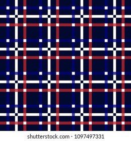 Seamless tartan plaid pattern. Checkered fabric texture print with deep blue, red and white stripes on a dark background. Vector background texture.