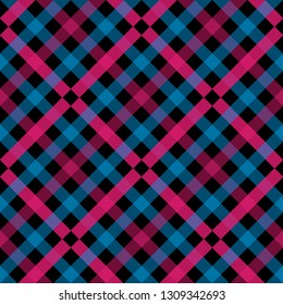 Seamless tartan plaid pattern. Checkered fabric texture print in shades of red, bright fuchsia, light teal green, pale cyan and blue. eps10