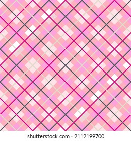 Seamless tartan plaid pattern. Checkered fabric texture print in pink, white, grey and line.